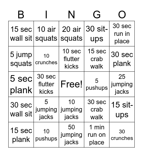 Spirit Sprinter Exercise Bingo Card