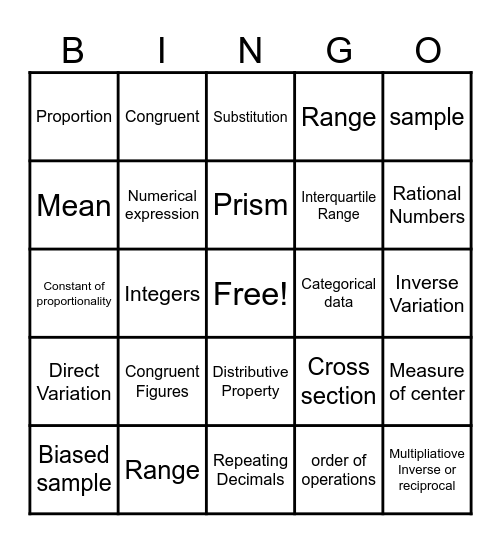 Math Vocabulary Bingo Card