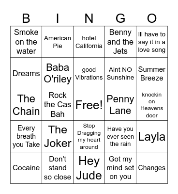 1970's & 1980's classic Rock Bingo Card