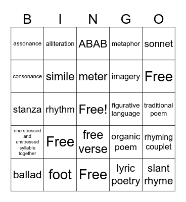 Poetry Terms Bingo Card