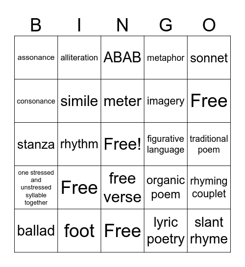 Poetry Terms Bingo Card