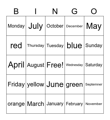 Colors, Days and Months Bingo Card
