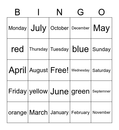 Colors, Days and Months Bingo Card