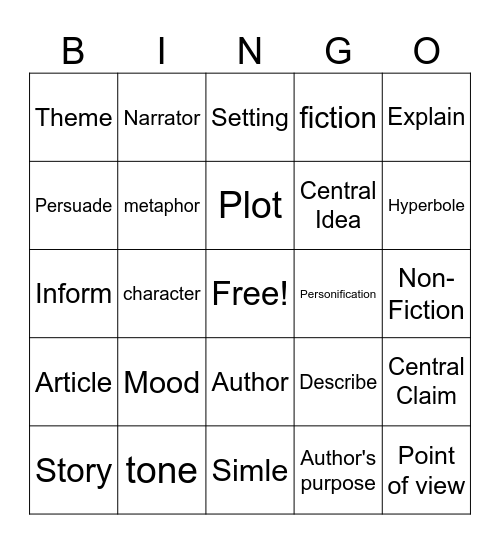 ELA Term Review Bingo Card