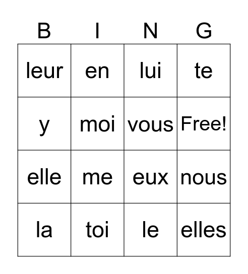 Les pronoms Bingo Card