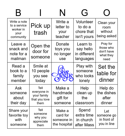 Generosity Bingo Card