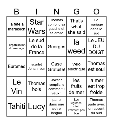 THOMAS TU VAS PRENDRE Bingo Card