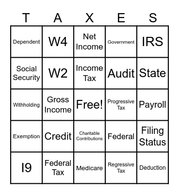 TAXES Vocabulary BINGO Card