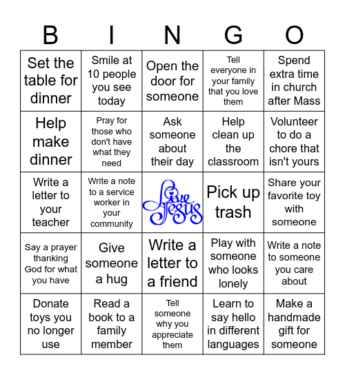 Generosity Bingo Card