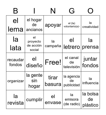 Avancemos 3 U2,L1 Bingo Card