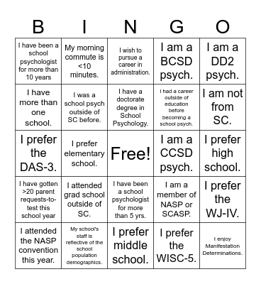 School Psych Bingo Card