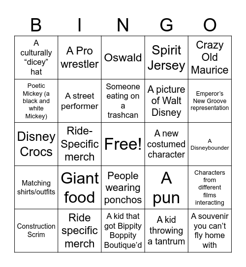 Disney World Bingo Card