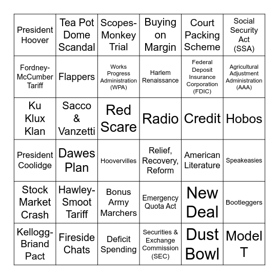 Unit 11 Exam Bingo Card