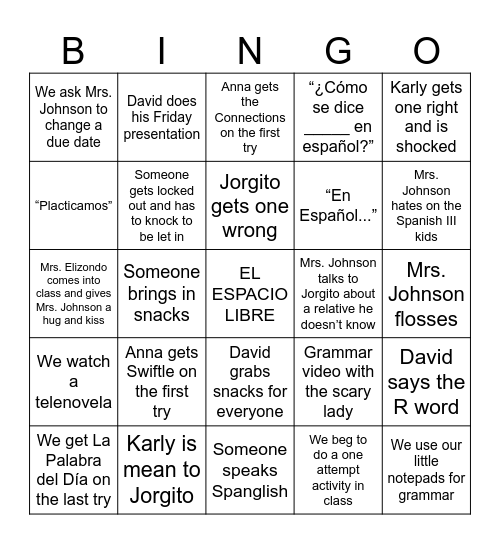 Spanish IV/V Bingo! Bingo Card