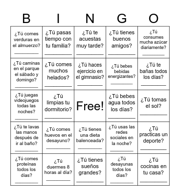 La vida saludable Bingo Card