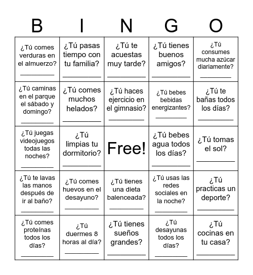 La vida saludable Bingo Card