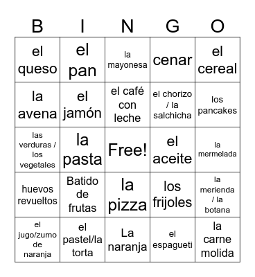 L1M4.2 La Comida Bingo Card