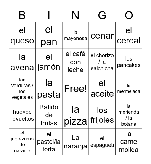 L1M4.2 La Comida Bingo Card