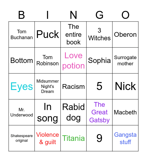 Honors English Bingo Card