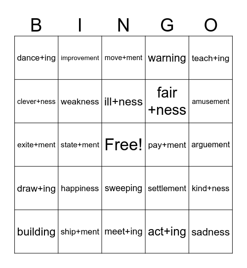 Suffixes -ment, ing, ness Bingo Card