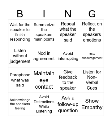 Active Listening BINGO! Bingo Card