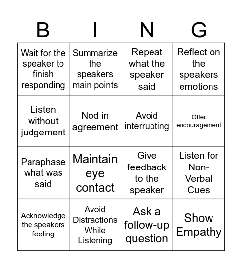 Active Listening BINGO! Bingo Card