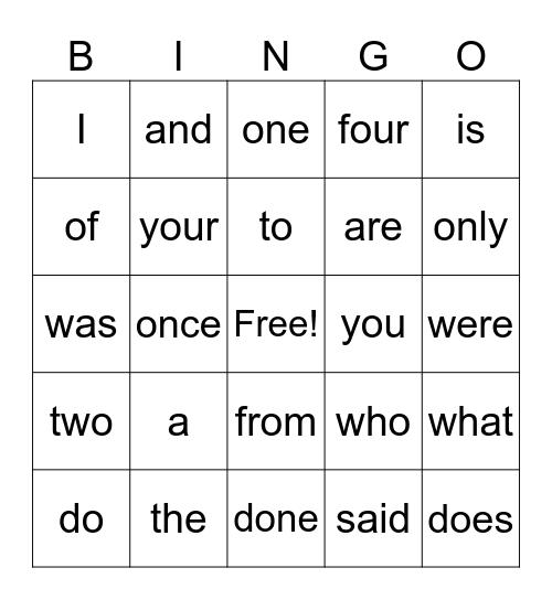 sight word Bingo Card