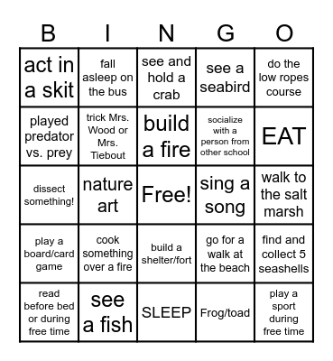 At Nature's Classroom!!! Bingo Card