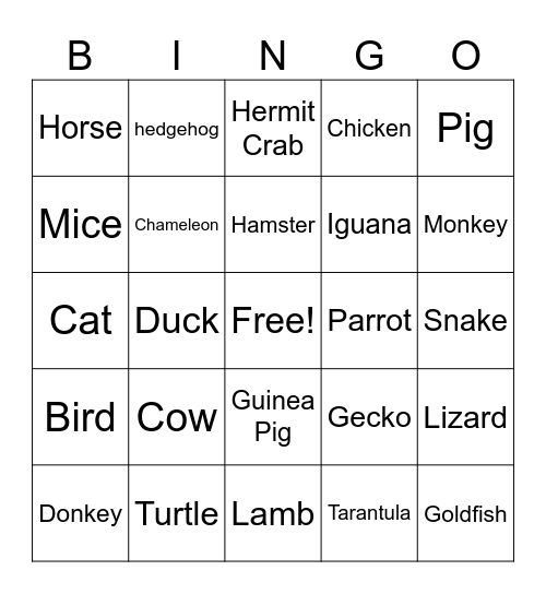 Pet Day Bingo Card