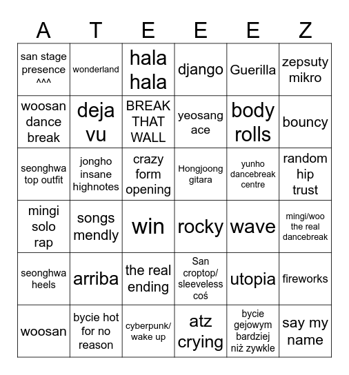 Ateez Coachella DAY 1 2024 Bingo Card