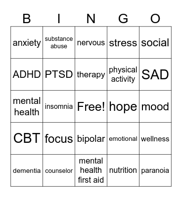 Mental Health Bingo Card