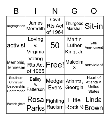 Civil Rights Review Bingo Card