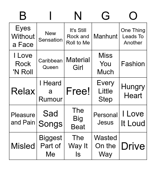 1980's Songs #5A Bingo Card