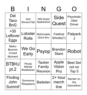 Coachella Bingo Card
