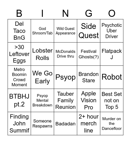 Coachella Bingo Card