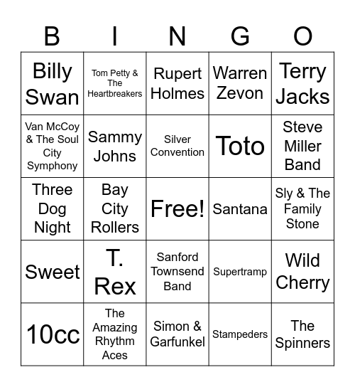 1970's Artists #5A Bingo Card