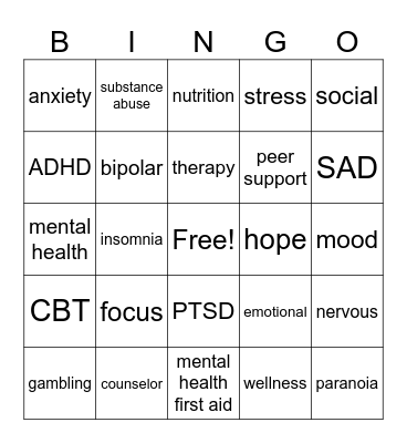 Mental Health Bingo Card