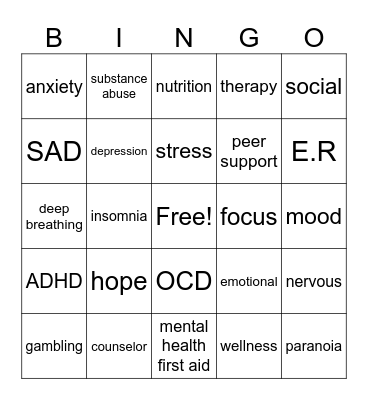 Mental Health Bingo Card