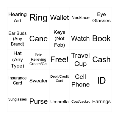 Lost Item Bingo Card