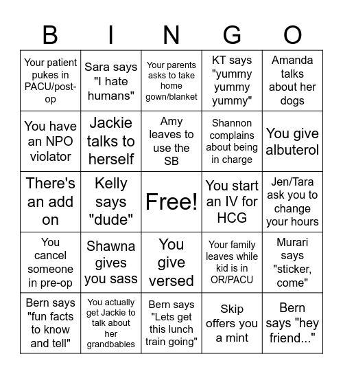 PACU Nurse's Week 2024 Bingo Card