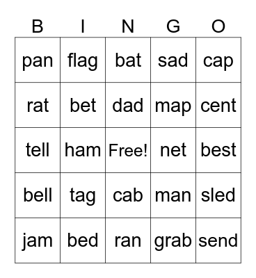 Short a and Short e Word Family Bingo Card