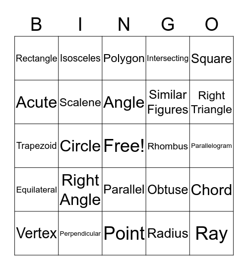 Geometry Bingo Card