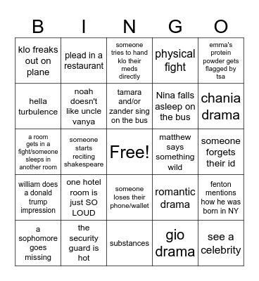 NYC Trip Bingo Card