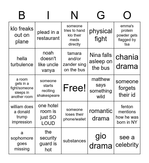 NYC Trip Bingo Card