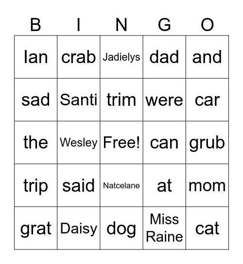 Miss Raine's Bingo Card