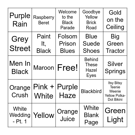Round 3 & 4 - Songs w/ Colors Bingo Card
