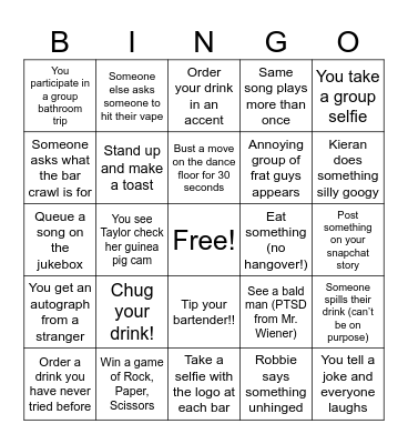 Dairy Store Bar Crawl Bingo Card