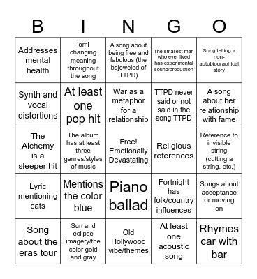 THE TORTURED POETS DEPARTMENT Bingo Card