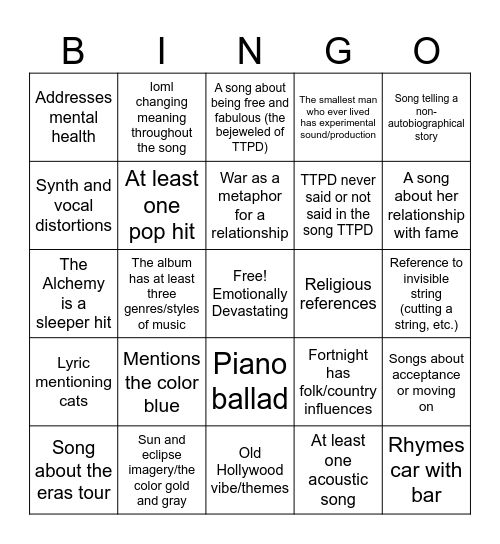 THE TORTURED POETS DEPARTMENT Bingo Card