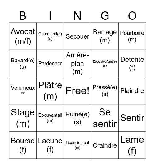 Vocabulaire - printemps Bingo Card